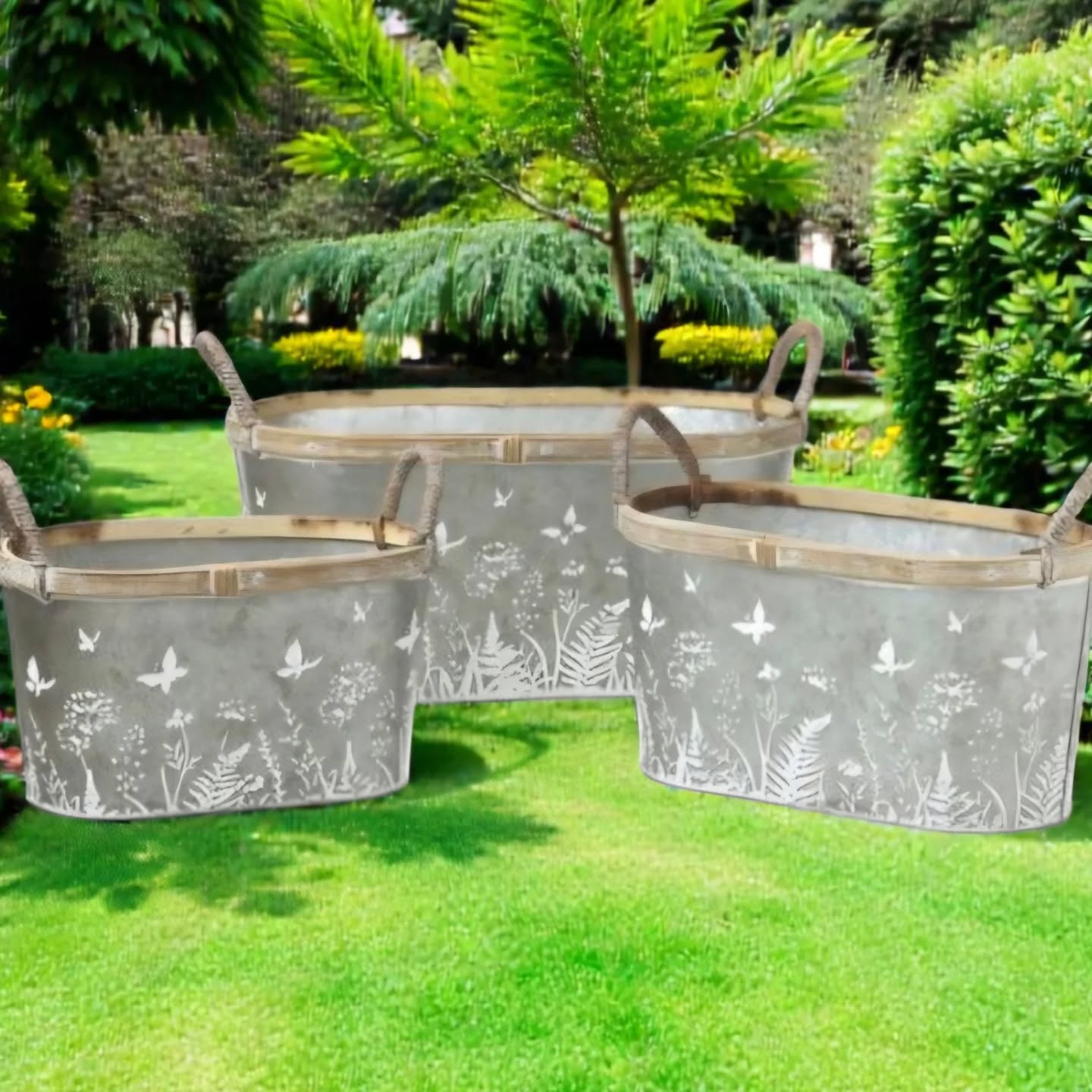 3 Butterfly & Flower Metal Buckets, 19.5cm