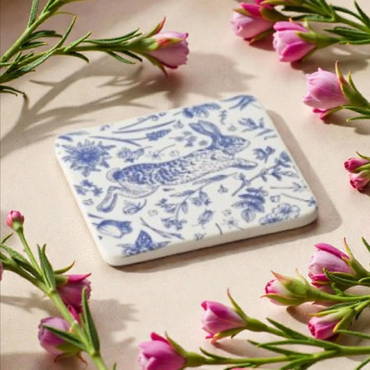 Blue Hare Floral Coaster, 10cm
