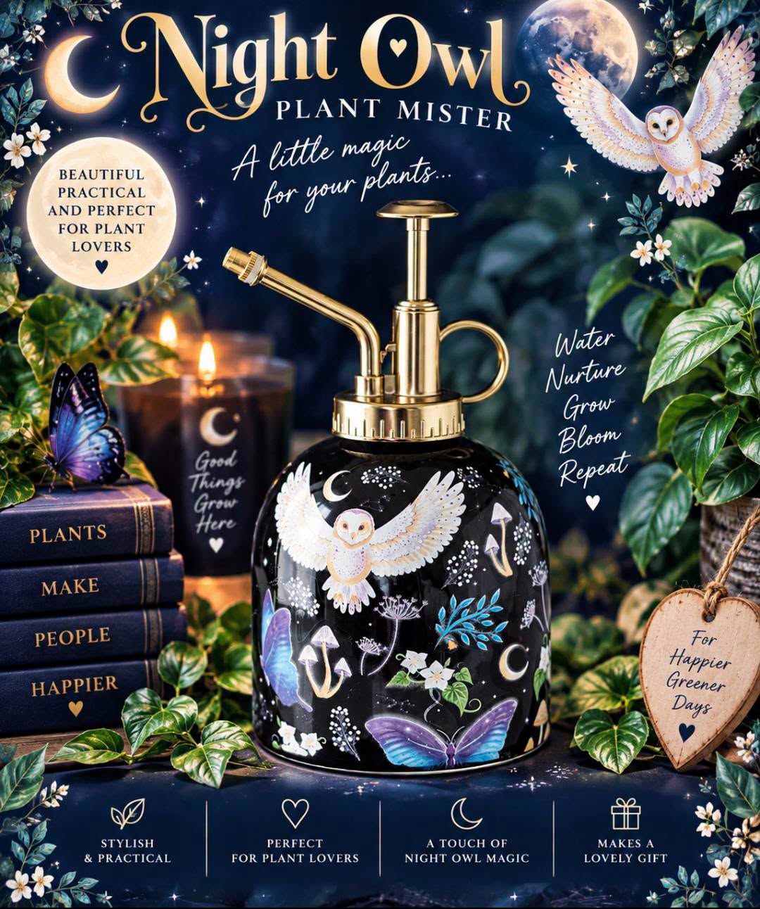 Night Flight Owl Print Ceramic Plant Mister