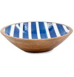Blue Stripe Mango wood and  Enamel Bowl, 30cm